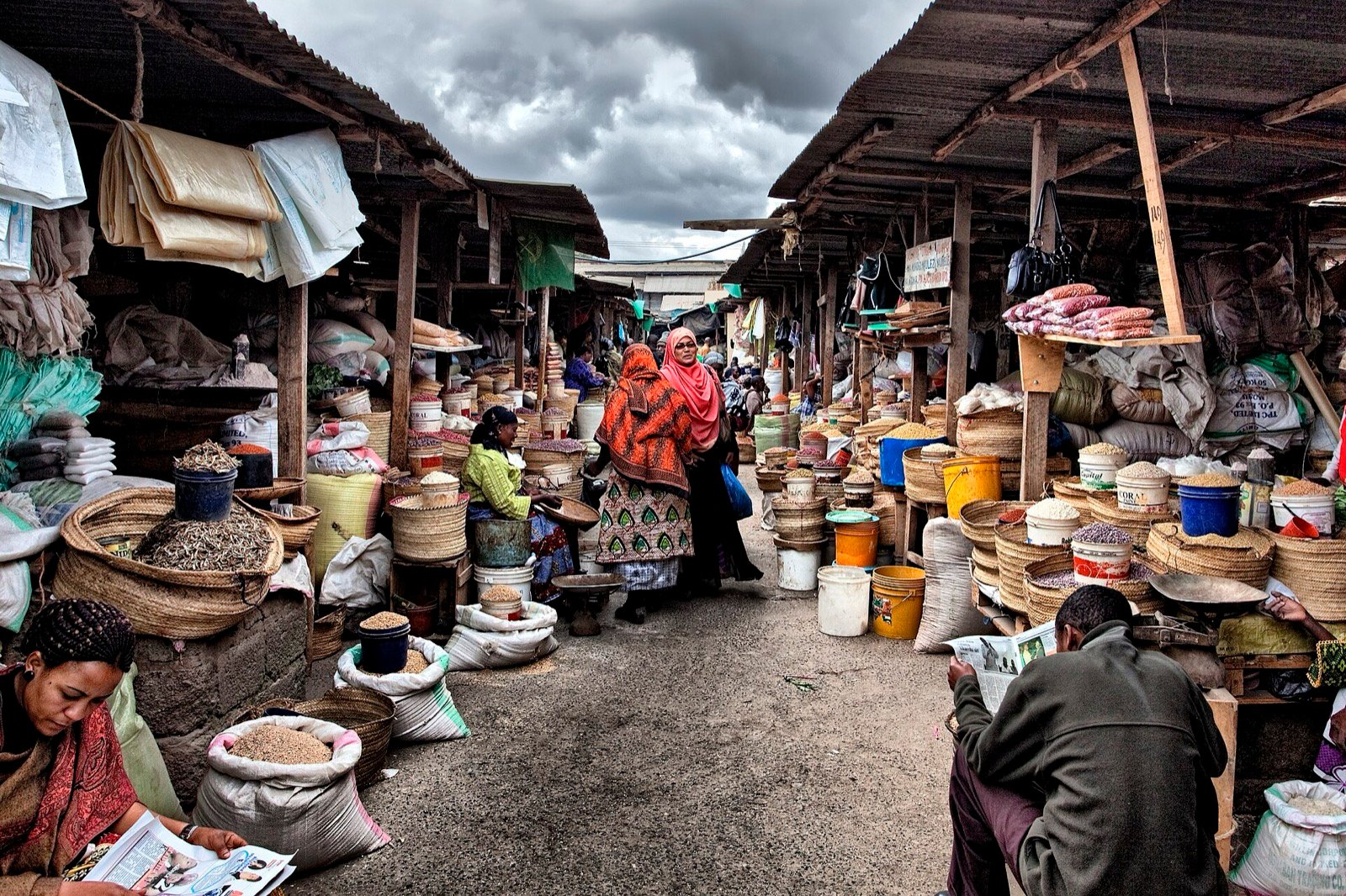 Baskets of grains and spices in Arusha's central market