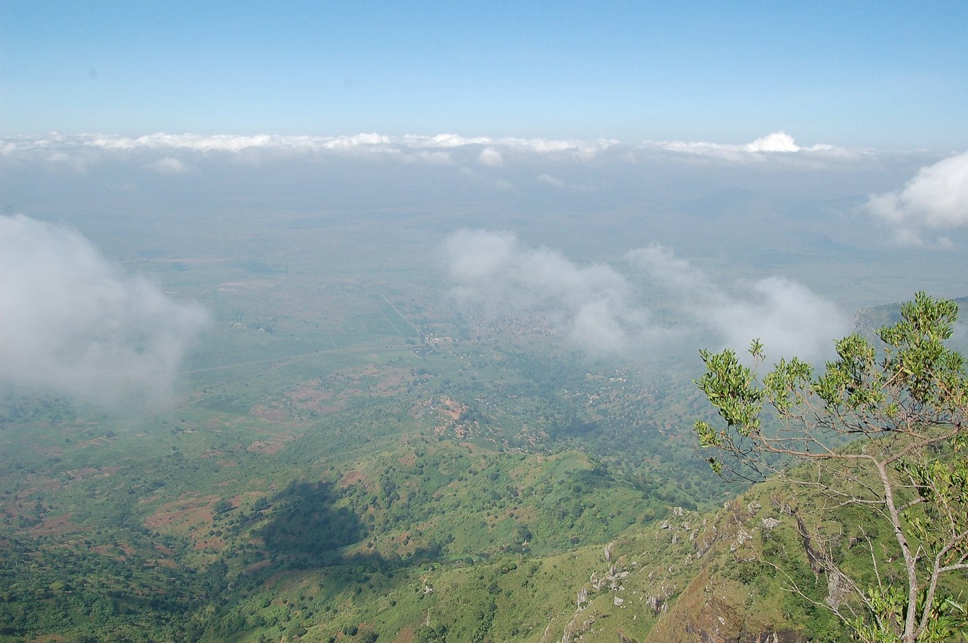A green valley seen from a viewpoint high in the Usambara Mountains, clouds below