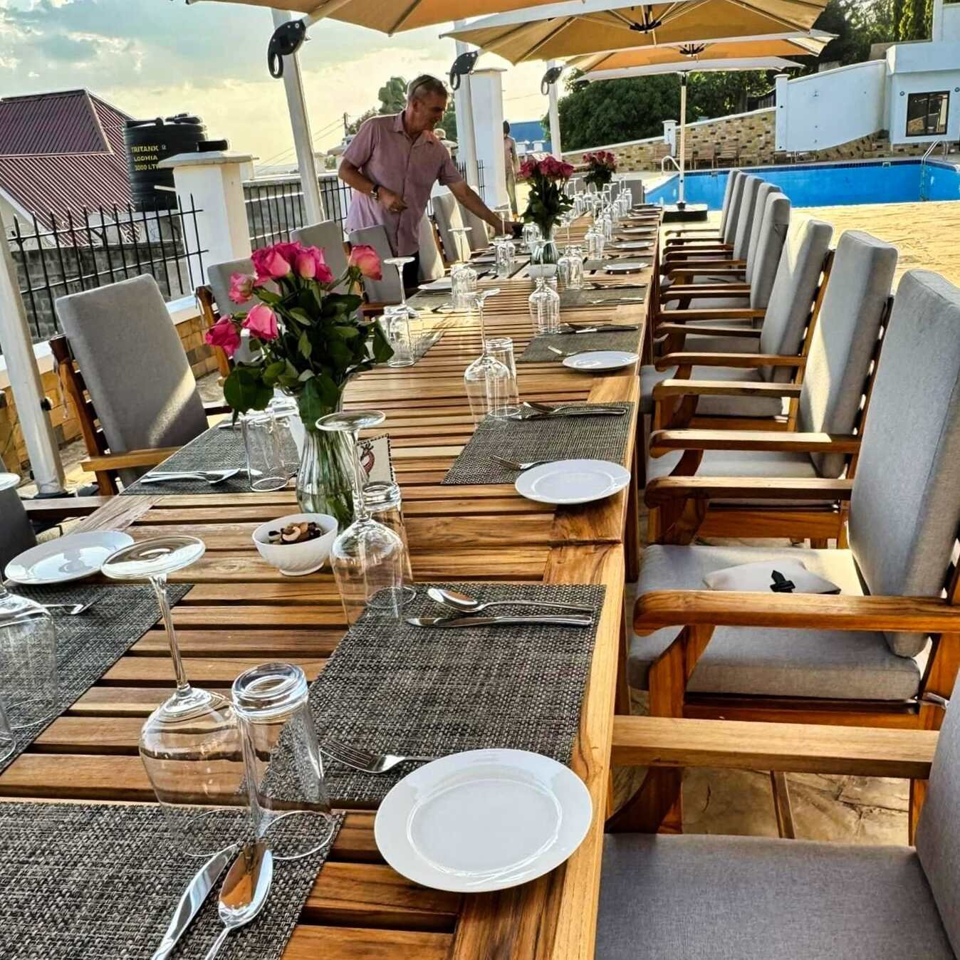 Outdoor serving area at dusk