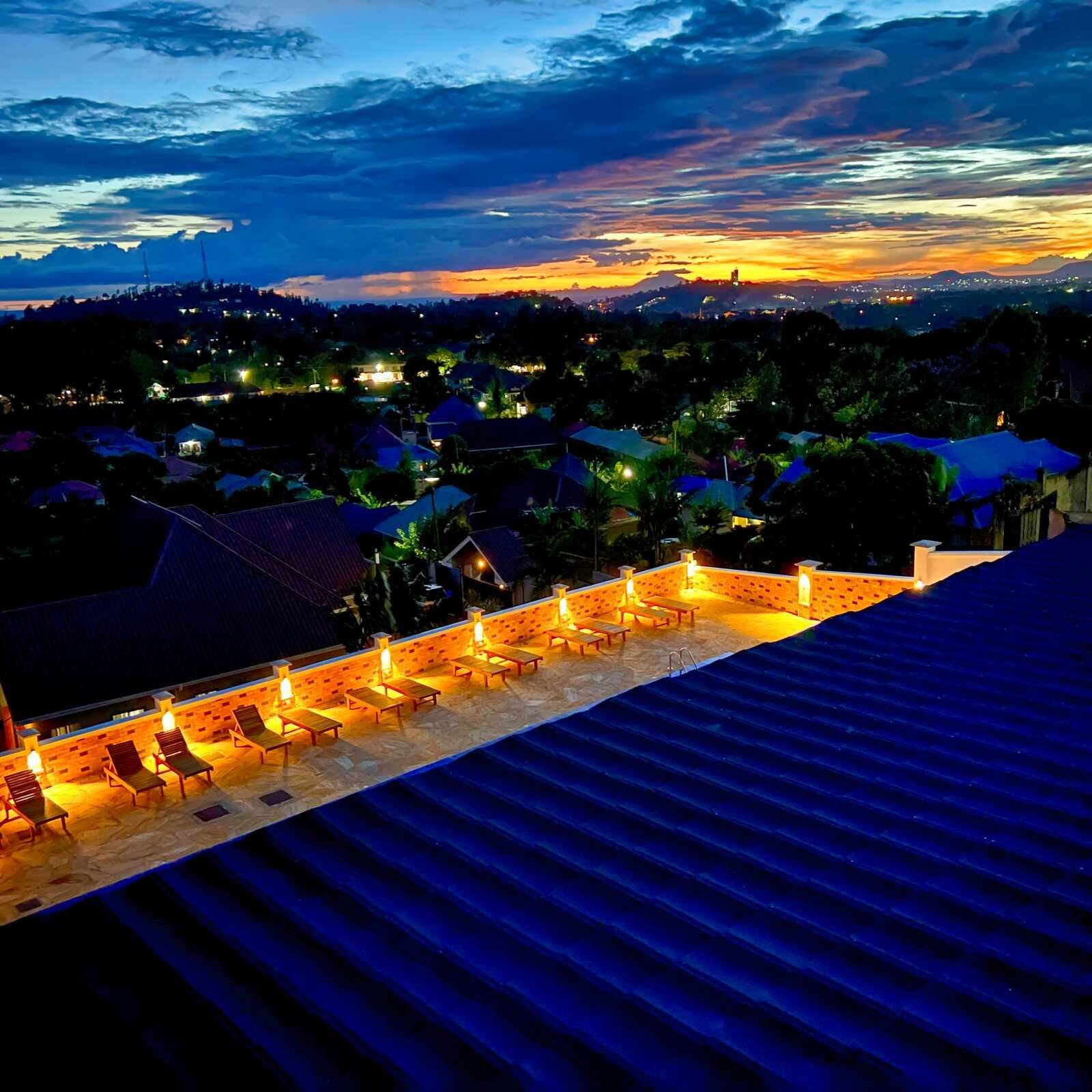 The hotel lit up at night